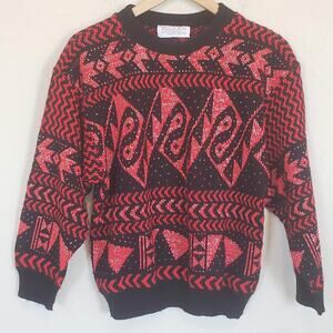 Glamour Knit Pullover Crew Sweater Red and Black Vintage Women's Small Casual